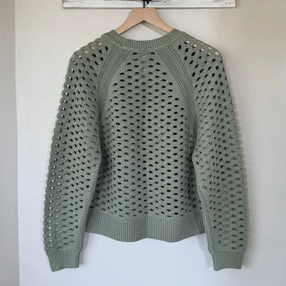 LOU & GREY NWT L Mesh Sweater • Open Knit Casual Crew Neck Pullover in Green - Picture 5 of 11